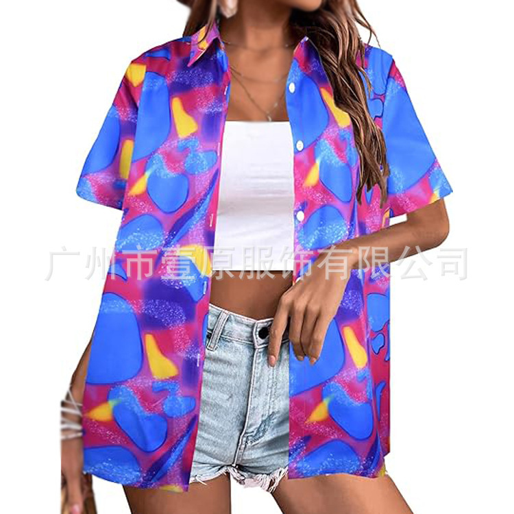 Cross-Border 2025 Amazon Summer New 80S and 90S Hawaiian Shirt Lapel Retro Printed Shirt