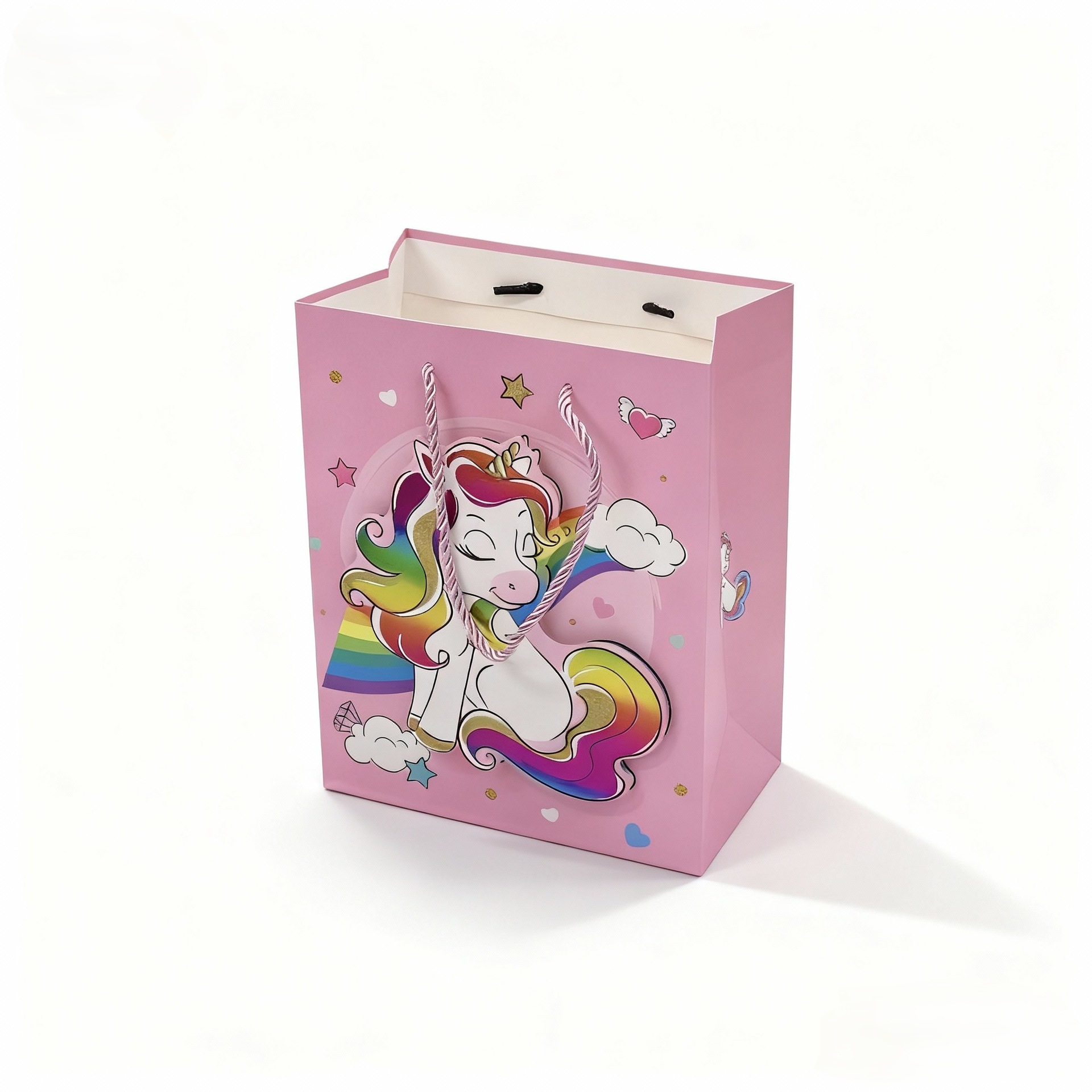 Fábrica de origen unicornio cartón de dibujos animados conjunto de bolsas de regalo artesanal estereoscópico para niños y niñas corazón de cumpleaños mano bolsa de regalo