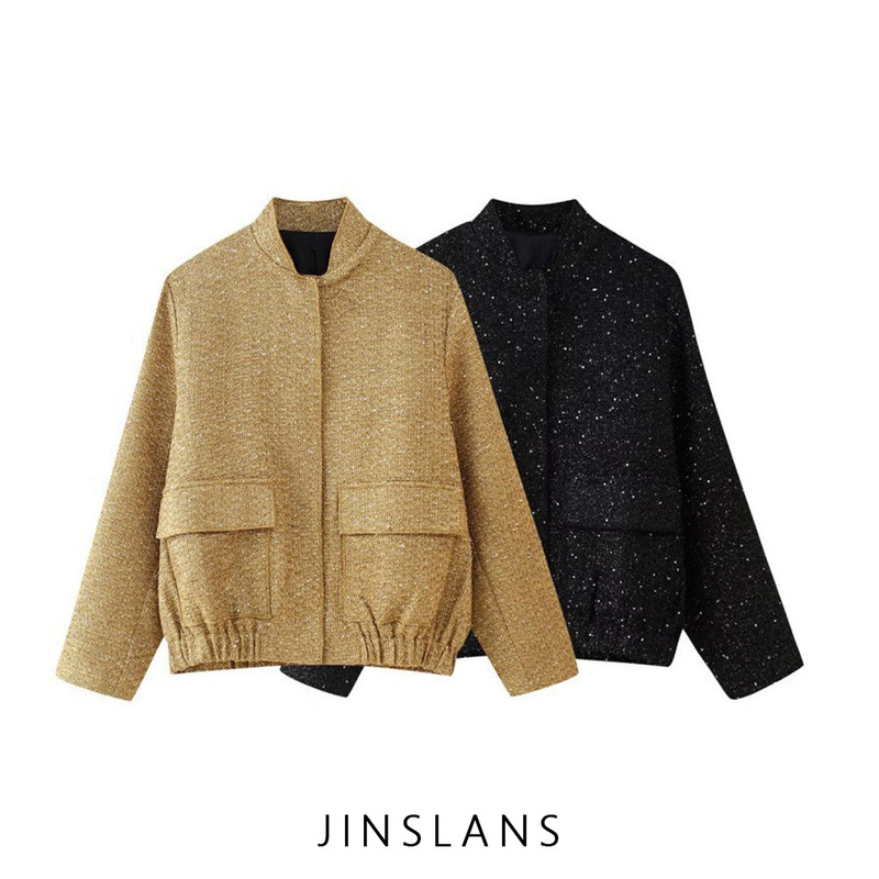 Cross-Border Export Wholesale Autum New Za Women's European and American Style French Fashion Simple Versatile Sequin Jacket Jacket