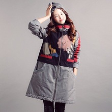 棉衣女中长款冬季文艺外套棉服拼色棉拉链贴布绣花连帽个性休闲