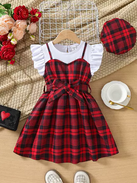 2025 Amazon Best-Selling Girls' Small Flying Sleeve Round Neck Plaid Patchwork Dress Cross-Border Exclusive Supply