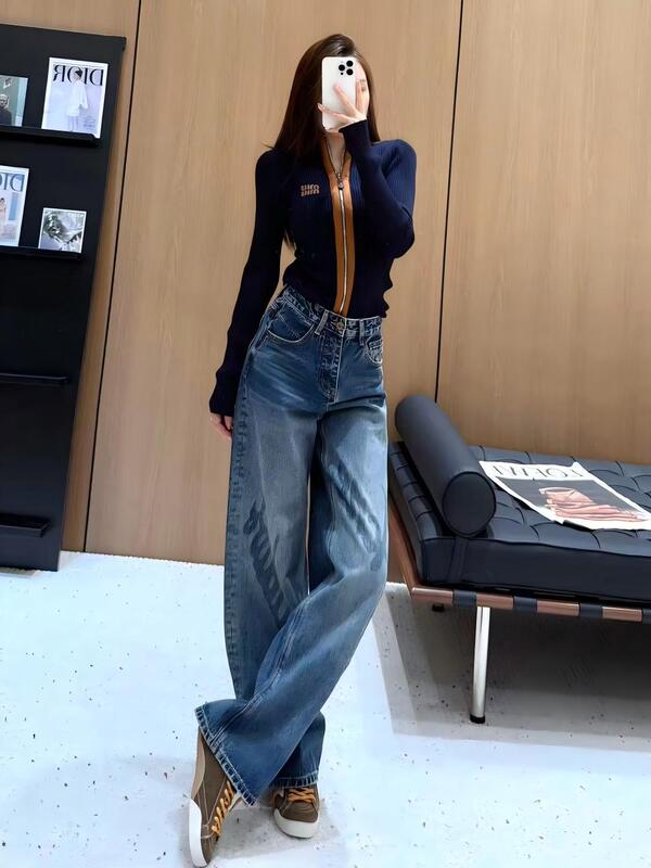 潮感弯刀牛仔裤做旧复古阔腿遮肉显瘦长裤南油女秋季垂感直筒裤|undefined