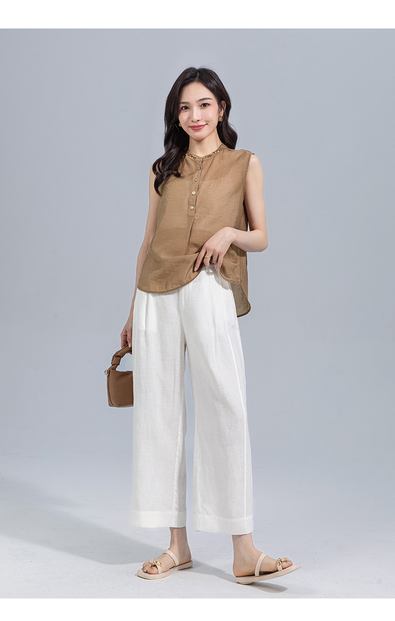Quần ống rộng nữ cạp cao suông rộng dáng 9 phần vải linen lyocell — màu xanh hải quân chi tiết 31