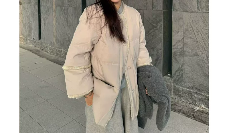 Velvet beige khaki down jacket, duck down, Chanel style