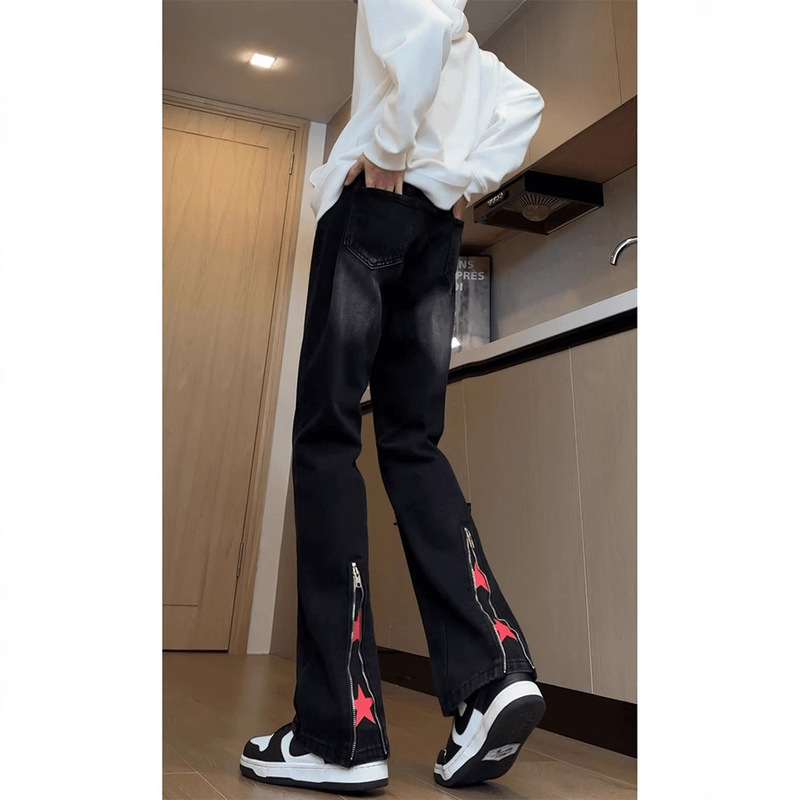 American-style Five-pointed Star Zipper Micro-pull Jeans Men's Spring and Autumn Fashionable Loose Vibe Slim-fit Slimming Wide-leg Pants