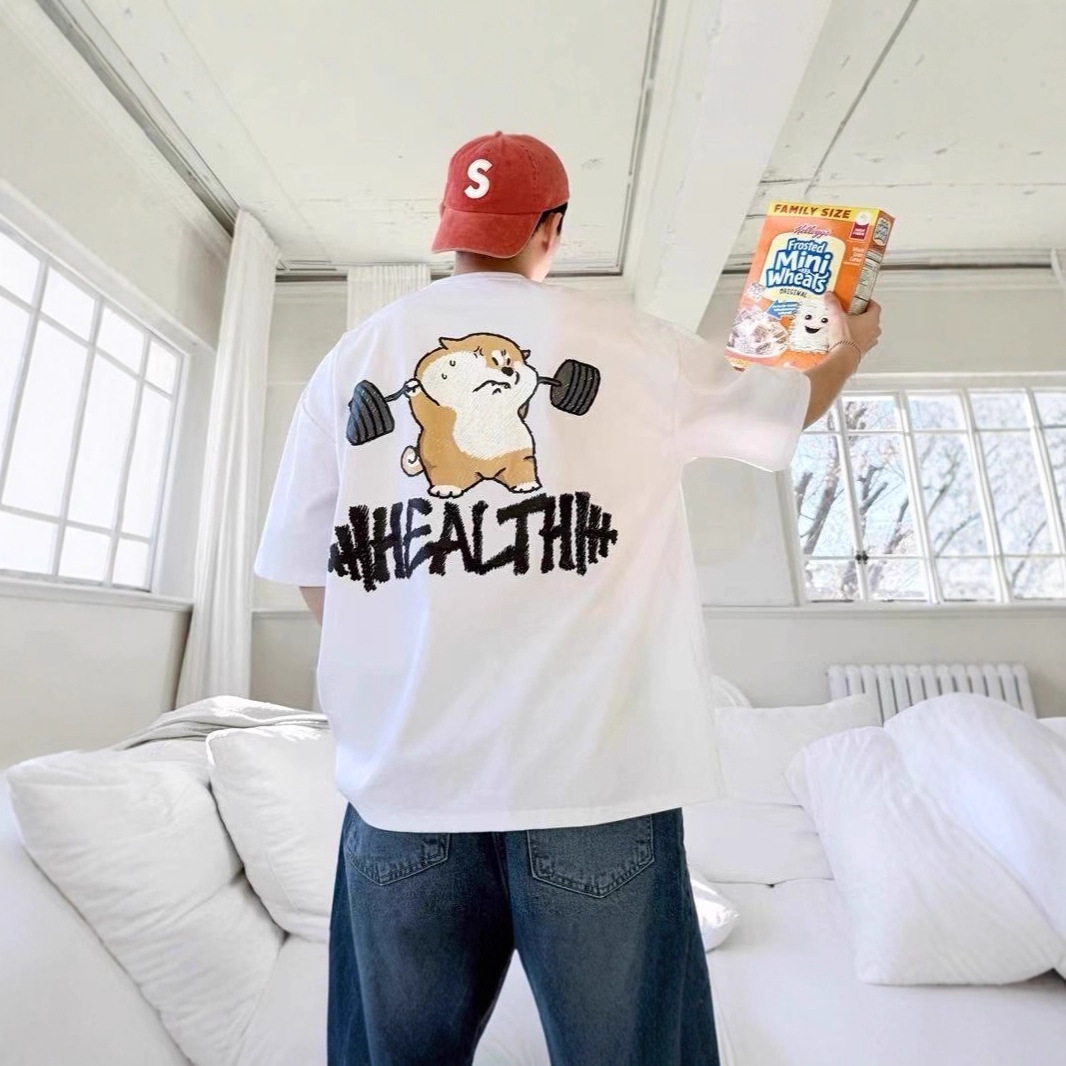 韩国代购男装东大门短袖T恤举重卡通图案印花时尚棉质宽松休闲