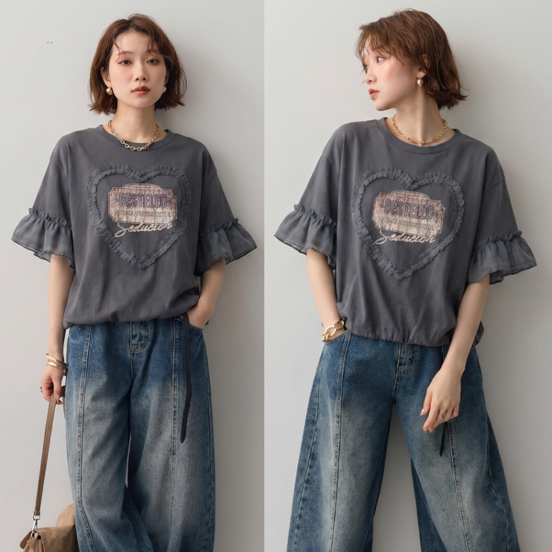 Real Shot of 2026 Summer New Style Heavy Lace Patchwork Cotton Breathable Top, High-End Cotton T-Shirt with Heart Design Real Shot of 2026 Summer New Style Heavy Lace Patchwork Cotton Breathable Top, High-End Cotton T-Shirt with Heart Design