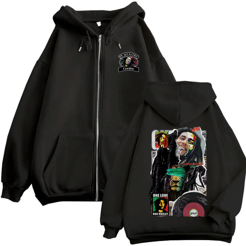 【Cross-Border European Size】Reggae Bob Marley Zip-Up Sweatshirt for Men and Women, Vintage Casual Oversized Zipper
