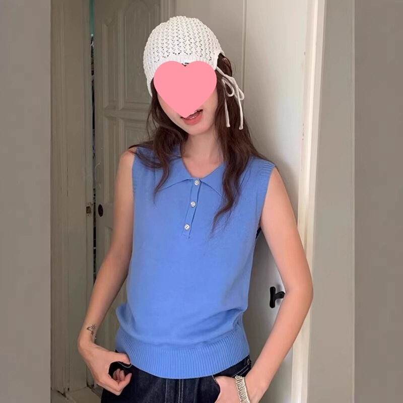 2026 Summer Sweet Girl Blue Polo Collar Knitted Vest for Women Korean Style Sleeveless Short Top for Petite Figures 2026 Summer Sweet Girl Blue Polo Collar Knitted Vest for Women Korean Style Sleeveless Short Top for Petite Figures