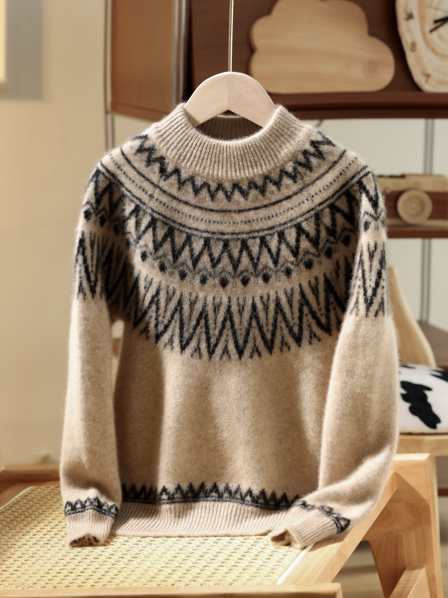 Autumn/Winter Children's 100% Wool Sweater, High Neck, Thickened Fair Isle Pattern Pullover Knitwear, Long Sleeve Sweater