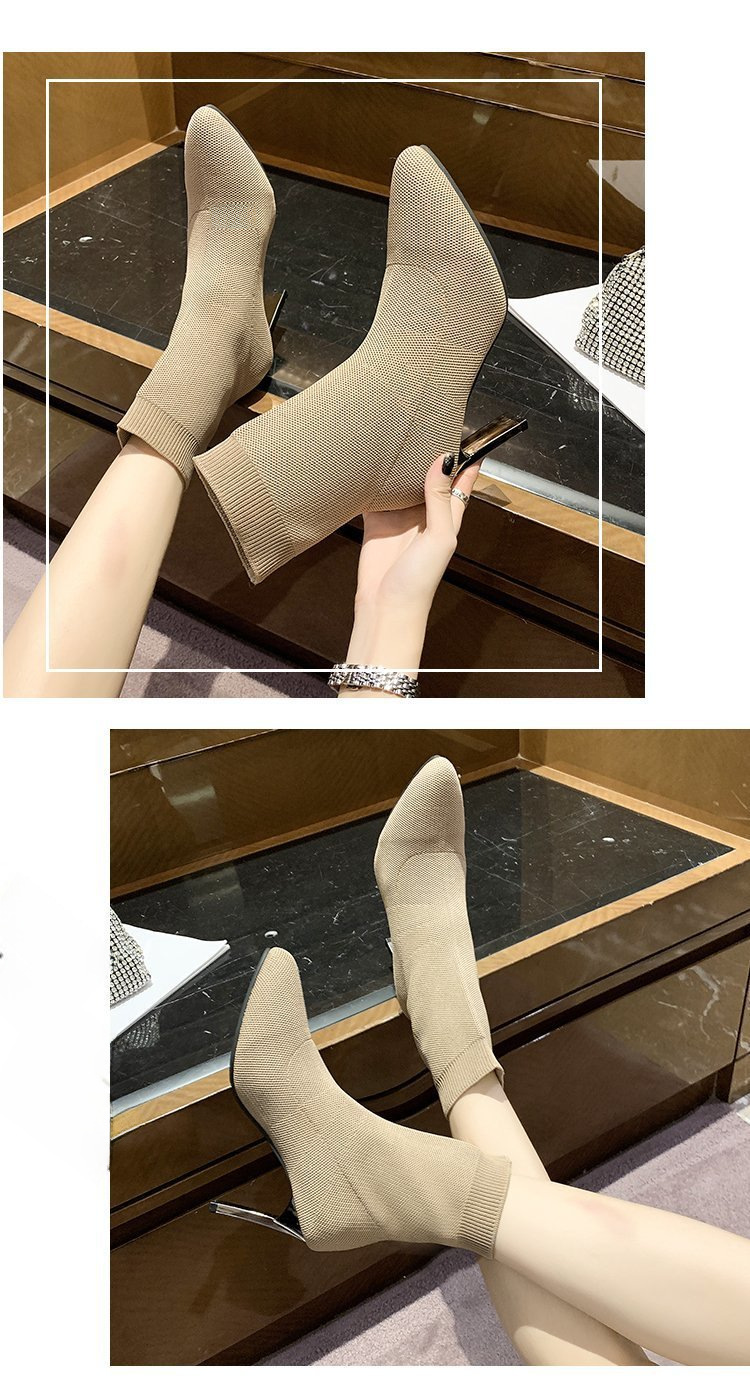 Špicaté ponožky Čižmy Dámske hrubé podpätky 2023 Jarná novinka Vysoké podpätky strečové čižmy s plochým podpätkom Vlnené čižmy Móda Krátke čižmy_voghion.com