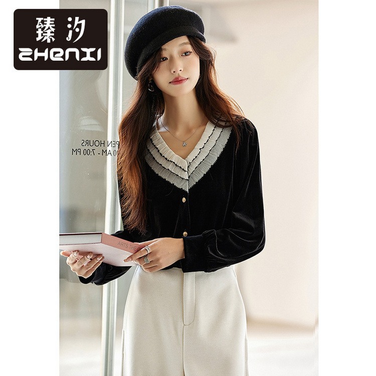 Zhenxi's New Retro Elegant Multi-Layered Lace Splicing V Neck Velvet Top Women's Versatile Long-Sleeved Shirt Sr130