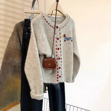 杏色软糯加厚圆领毛衣外套女秋冬新款设计感慵懒针织开衫女A6406