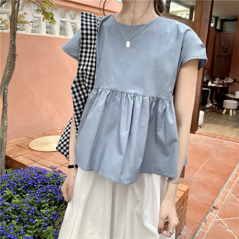 Back Bow Shirt Women's Summer Short-sleeved Thin Yellow Round Neck Top Age-reducing Summer Back Lace-up Sweet and Cute