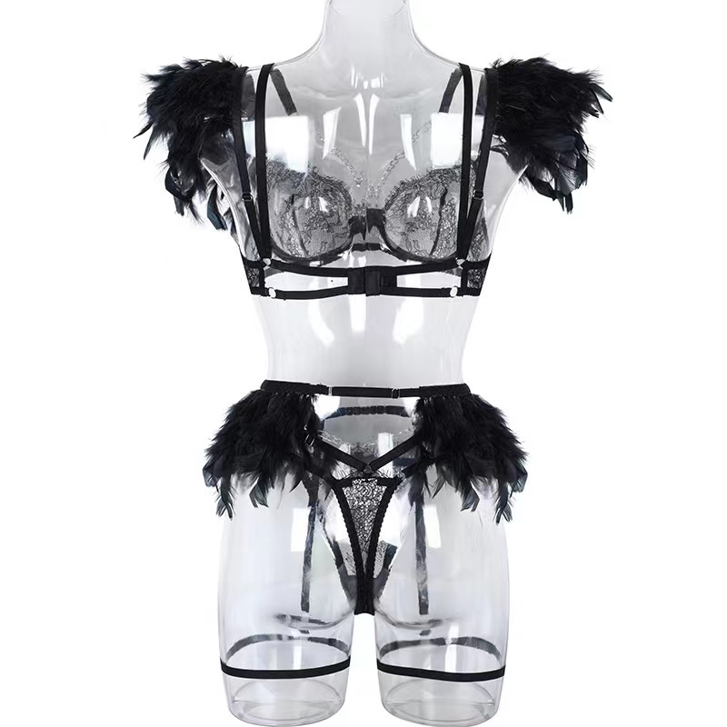 Black Chained Feather Lace Lingerie set | Luxiaa Clothing - Sexy Lingerie Online