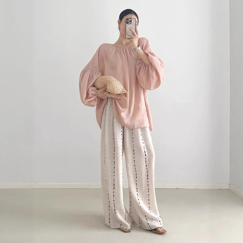 2026 Spring Collection: Cotton and Linen Printed Wide-Leg Pants, Casual Pants C0723, Puff Sleeve Sun Protection Shirt Top