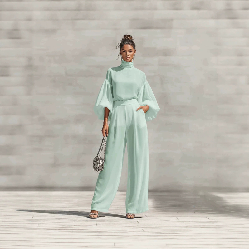 European and American Cross-Border Fashion Chiffon Set, Solid Color High-Neck Puff Sleeves and High-Waisted Wide-Leg Pants Two-Piece Women's Outfit