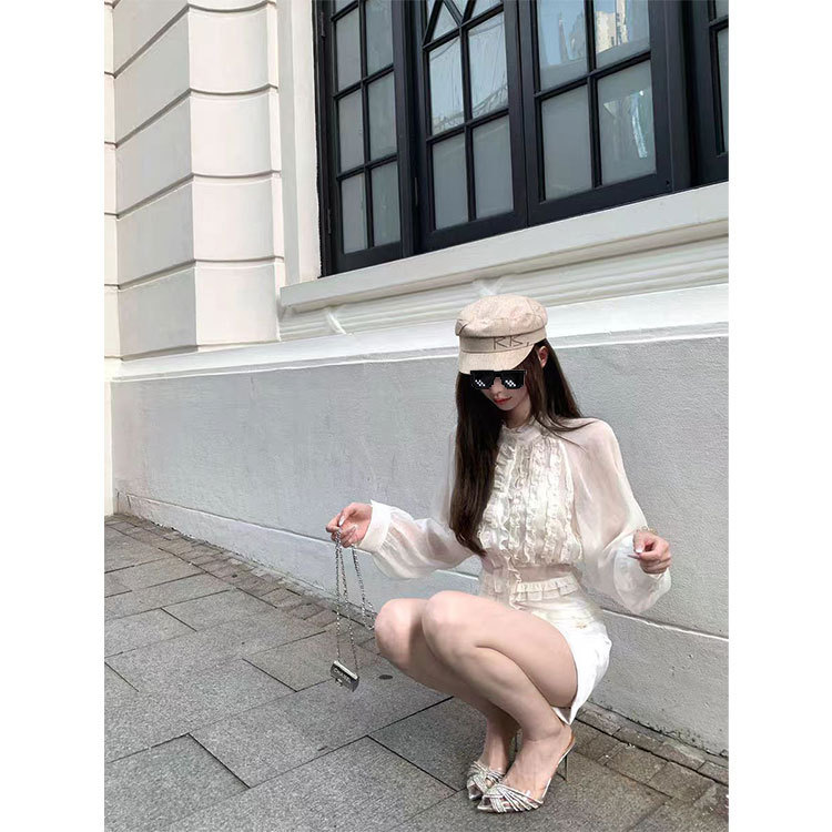 titi小姐姐日光柔纱长袖衬衫女秋法式宫廷风立领收腰雪纺上衣|undefined