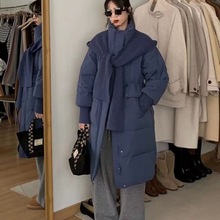 2025新款韩国宽松显瘦立领毛线披肩收腰抽绳中长款白鸭绒羽绒服女