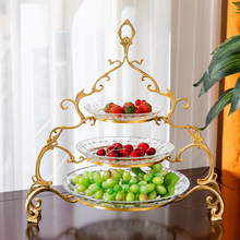 欧式多层点心盘美式三层玻璃底托法式居家客厅黄铜甜品盘全铜摆件