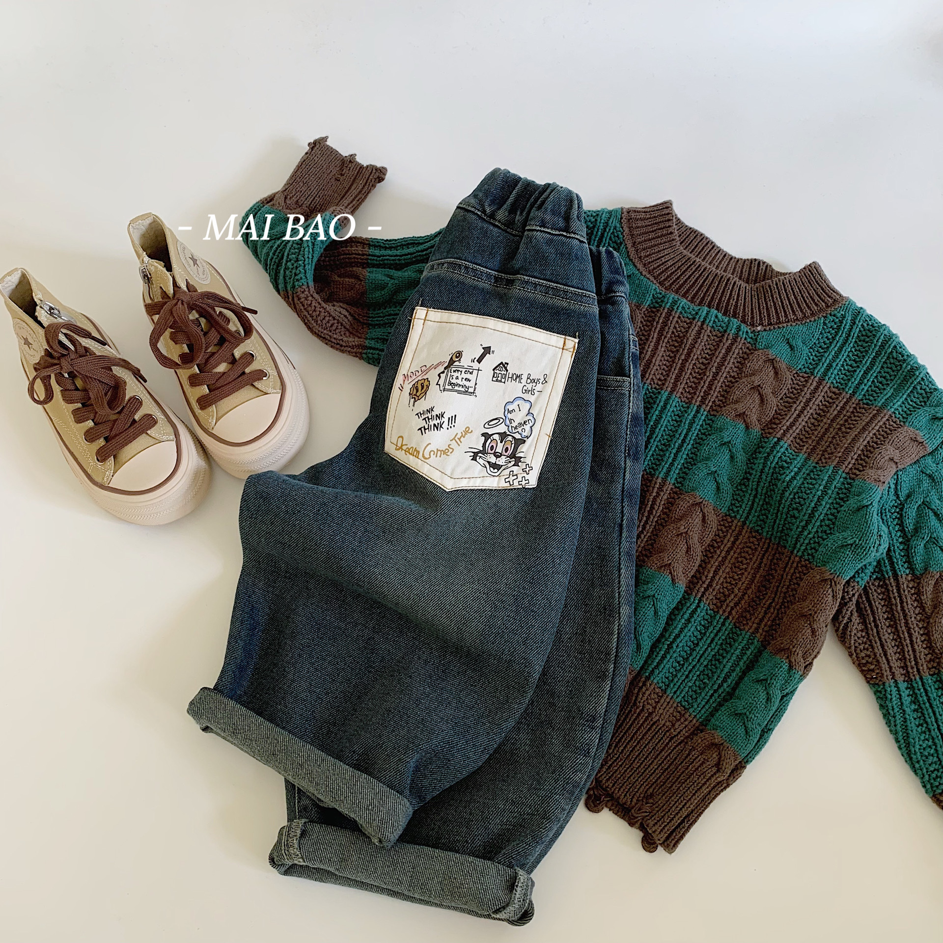 Jeans infantiles Mai Bao 2025, caño, pantalones sueltos para niños, ropa infantil coreana de bolsillo, pantalones de graffiti, moda