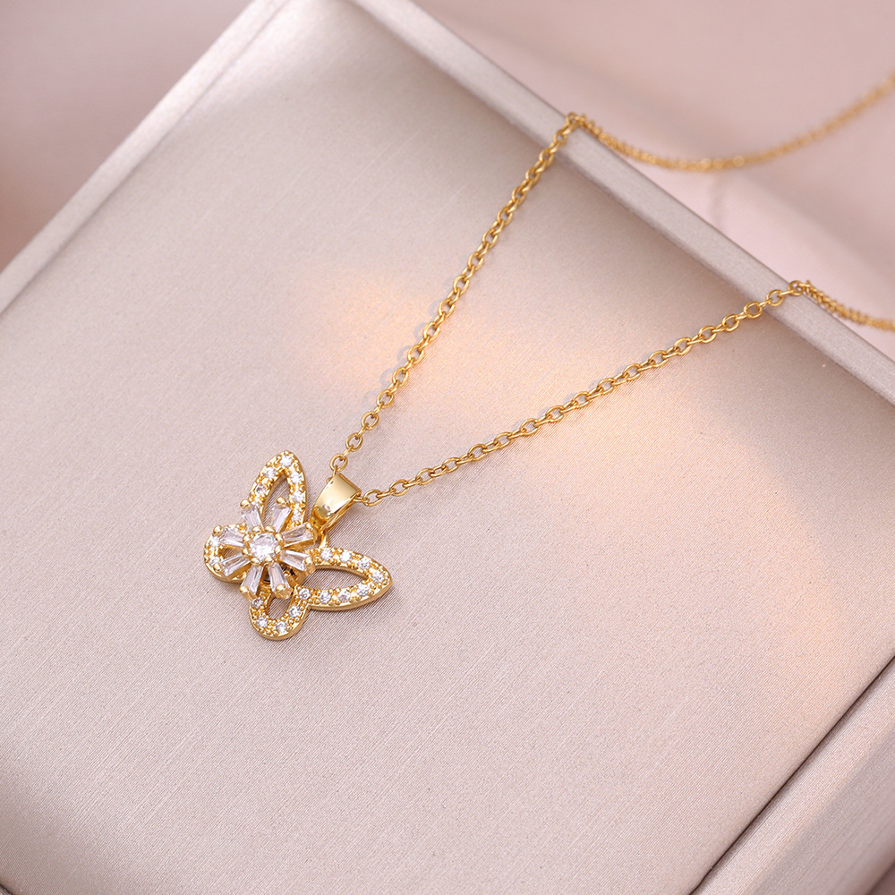 Titanium Steel, Copper Material Wholesale Jewelry Sweet Flower Titanium Steel Copper Diamond Jewelry Set