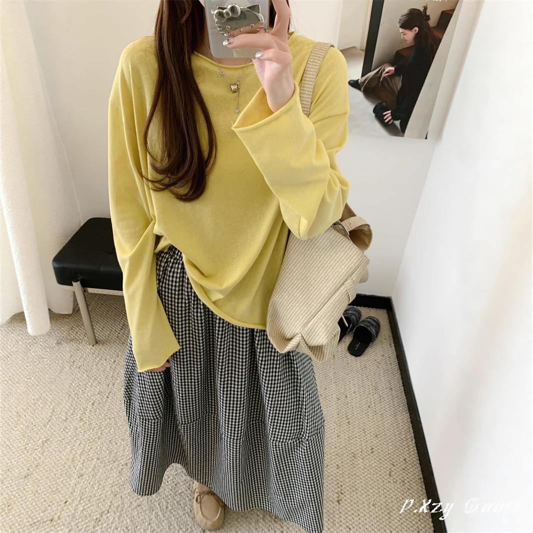 020 秋季新款慵懒风松弛感纯色上衣毛圈棉长袖打底衫女士纯色T恤
