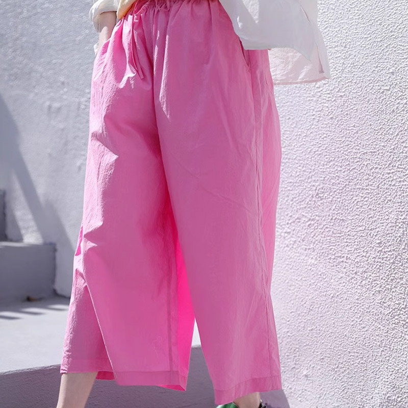2025 New Summer Style High Count High Density Thin Soft Cotton Elastic Waist Drawstring Loose Wide Leg Pants for Women Pink Casual