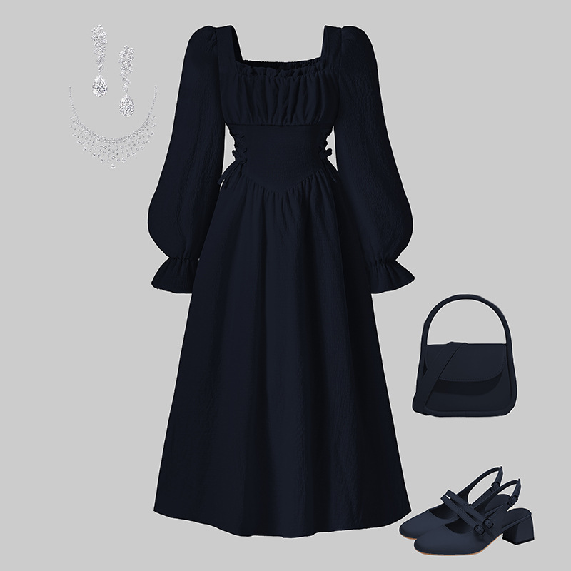 Mädchenkleid mit eckigem Ausschnitt, langen Ärmeln und Schleife in der Taille, eleganter Retro-Stil, Frühling/Herbst_voghion.com