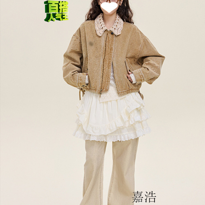 美式复古甜美风牛仔布/棉外套女2025年春季新款常规休闲POLO领设|undefined