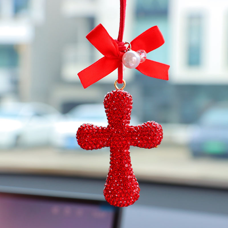 Cross-border personalized car interior pendant for men and women, rearview mirror decoration, diamond-encrusted cross, high-end car fashion accessory gift
