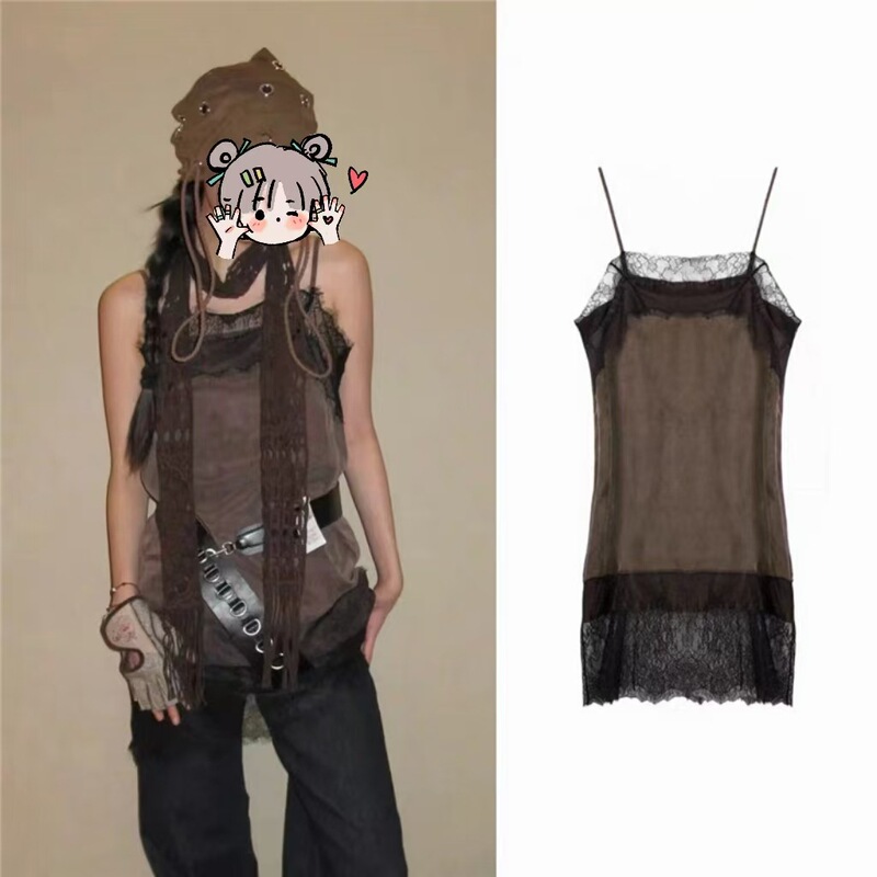 Korean-style Nana Shuxin's lace-trimmed mid-length camisole dress, layered with sleeveless camisole, Dongdaemun Korean-style Nana Shuxin's lace-trimmed mid-length camisole dress, layered with sleeveless camisole, Dongdaemun