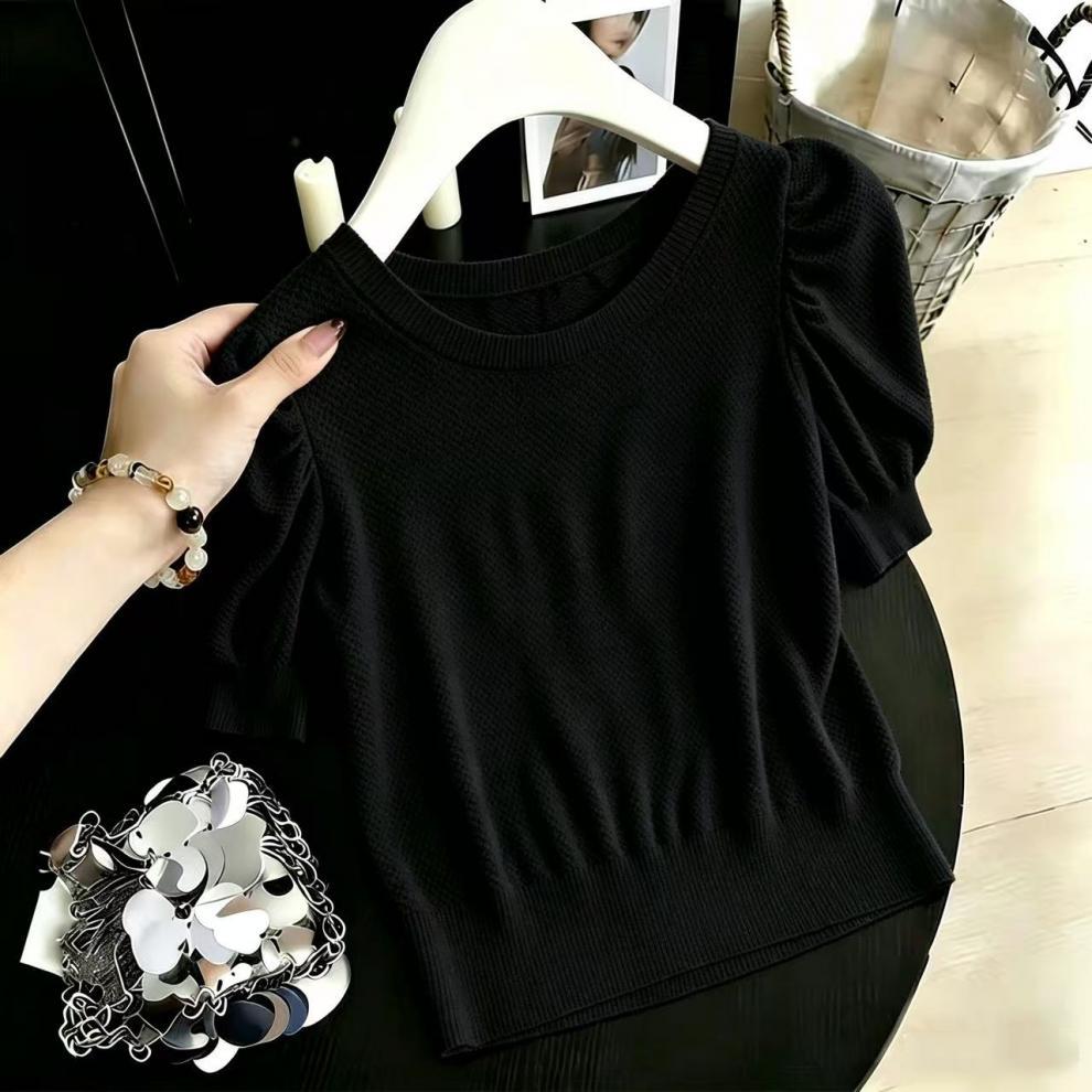 Summer Knitted T-Shirt Women's Loose Top Solid Color Crew Neck Short Sleeve Hollow Out Thin_ecoleips.com