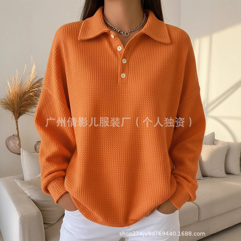 European and American Cross-Border Spring and Autumn New Style Loose Solid Color Long-Sleeve Turn-Down Collar Versatile Polo Shirt Waffle Long-Sleeve Women's Top