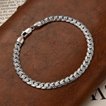 跨境新品意大利链S925纯银个性锤纹扁蛇手链男士复古泰银纹理手链