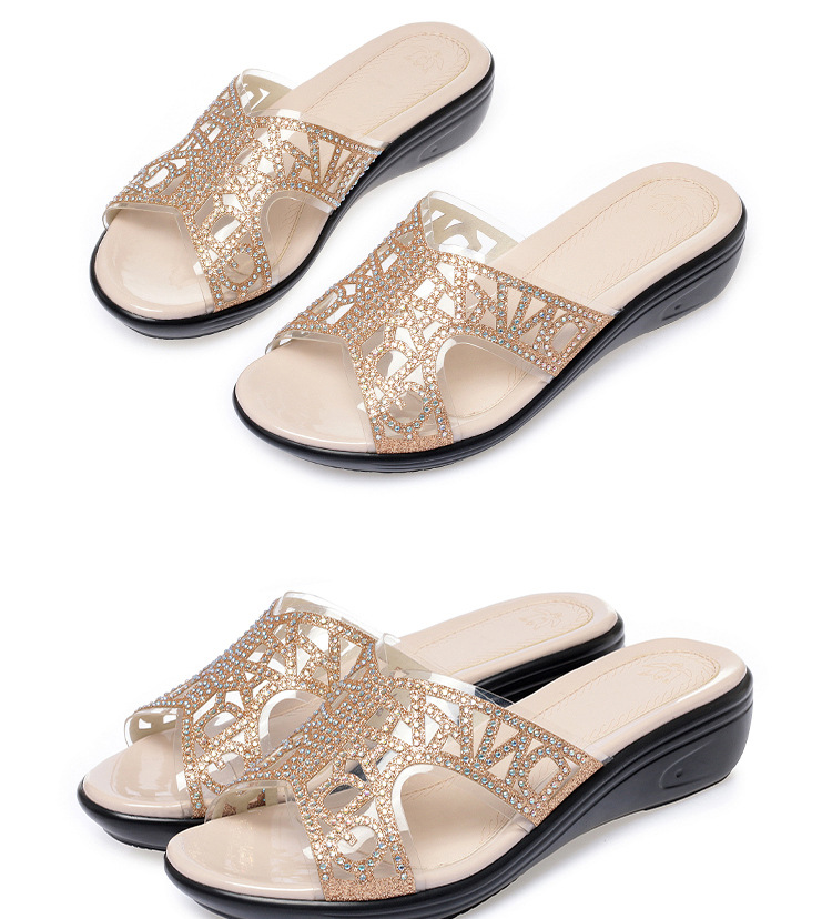 Dép xỏ ngón nữ đế bệt da thật đính đá rhinestone — Màu vàng chi tiết 17
