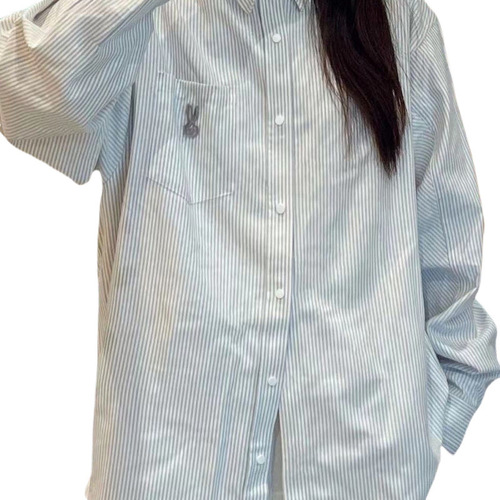 Sweet embroidered pink high-grade striped shirt, suitable for petite and loose fit, shows length, versatile long-sleeved shirt, can be worn outside as a cardigan
