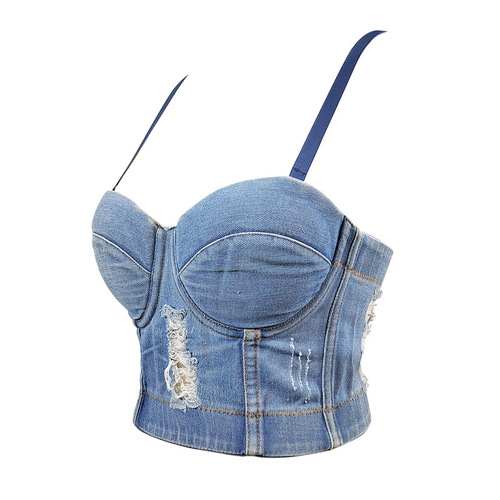 European and American ripped denim camisole short sexy midriff-baring fishbone tube top bra-free DJ hot girl top