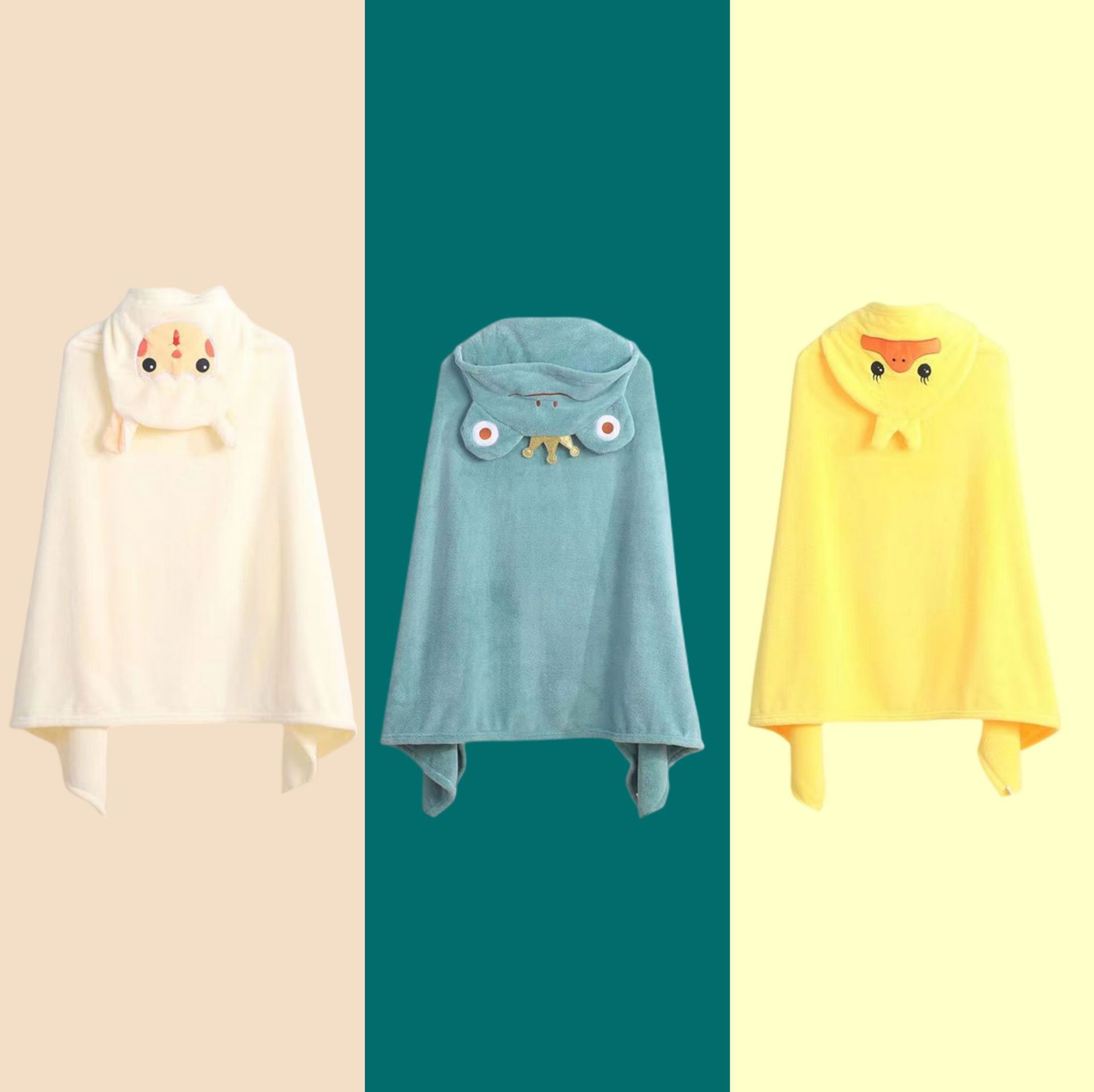 儿童浴巾珊瑚绒可爱绣花可穿连帽斗篷现货批发宝宝洗澡易吸水浴袍