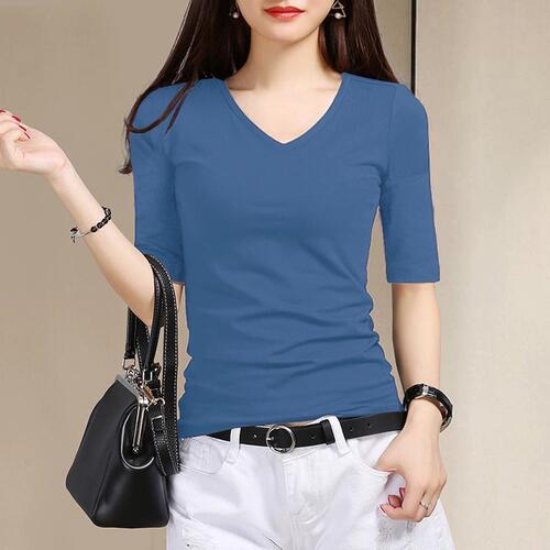 Women's 2025 Plain Color Five-Button Sleeve V-Neck T-Shirt, Slim Fit Black Base Shirt for Spring and Autumn Outfit