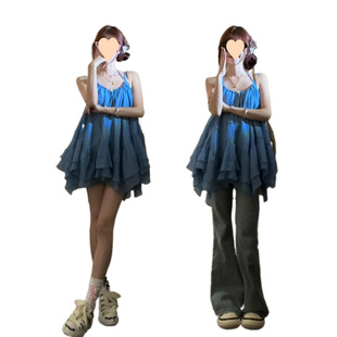 早秋甜美純欲風吊帶裙上衣寬松蓬蓬褶皺短裙套裝新中式國風連衣裙