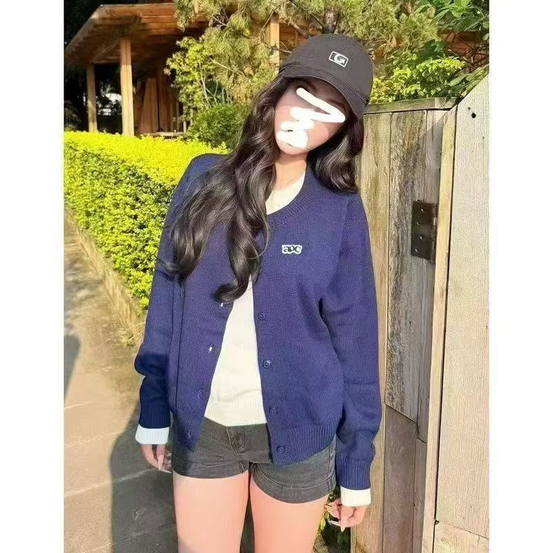 美式覆古假两件针织开衫女早秋新款藏青色长袖宽松慵懒风v领上衣|undefined