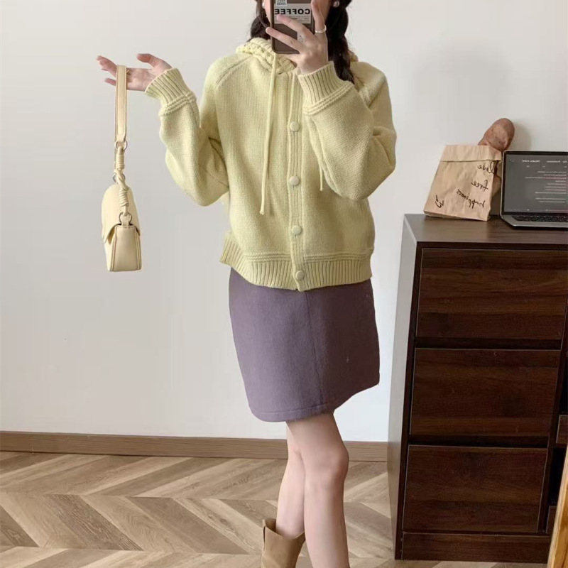 法式复古加厚开衫针织灰色外套女秋冬连帽抽绳软糯学院毛衣开衫女|undefined