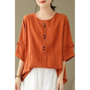 Cotton and Linen Short-Sleeved T-Shirt for Women Summer 2024 New High-End Mother's Clothing, Fashionable and Age-Reducing, Loose and Versatile Clothes