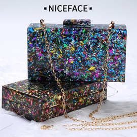 新款彩片斜挎包欧美闪片花纹亚克力单肩链条包 时尚晚宴小方包