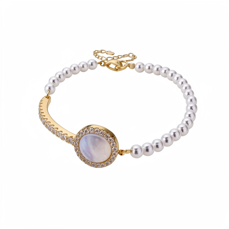 Brazalete de perlas redondas conchas de piedra de diamante lujoso pulsera de nicho estilo palacio exquisito retro joyería de mano versátil