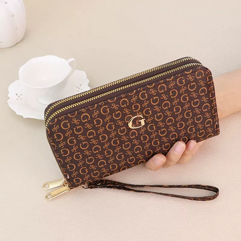 新款时尚女士双拉链长款钱包新款印花手拿包多卡位大容量拉链隔层