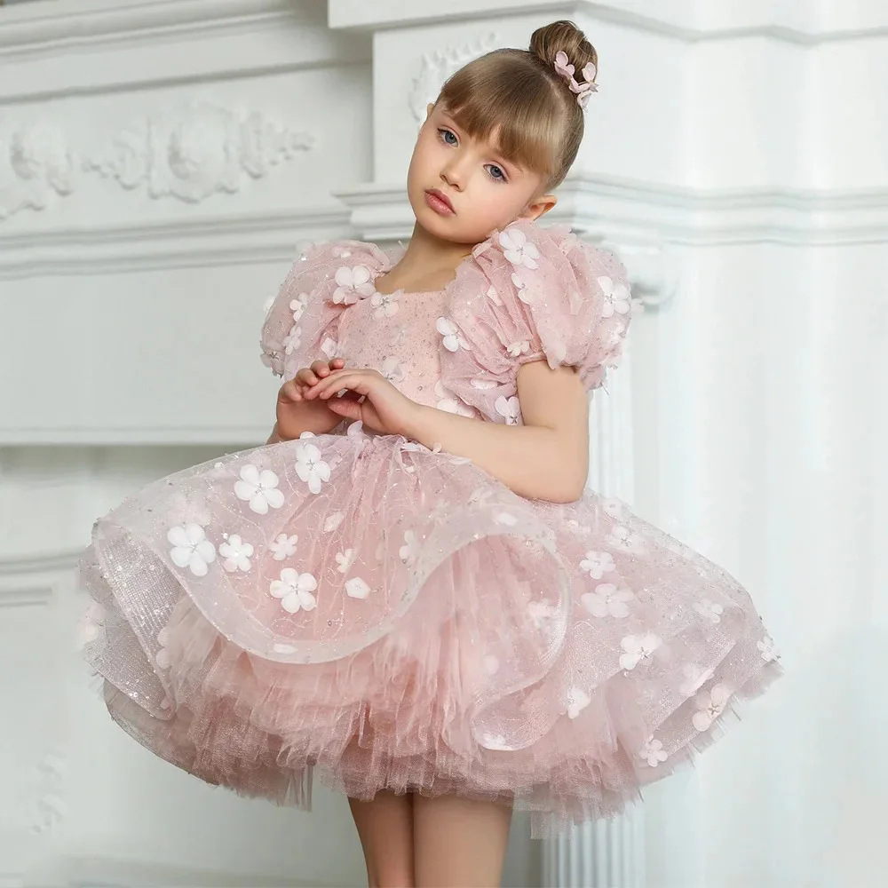 Robe de princesse rose pour petites filles, style français, manches courtes, tutu, idéale pour les anniversaires et les fêtes d'enfants. 【Prévente | Livraison sous 15 jours】_voghion.com