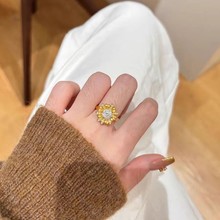 韩国新款甜美微镶锆石太阳花戒指时髦轻奢金色向日葵花朵食指戒