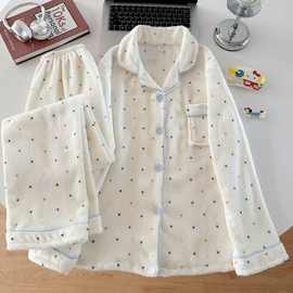 冬季加绒加厚开衫卡通珊瑚绒法兰绒睡衣女长袖长裤家居服套装